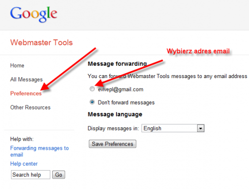 Google Webmaster Tools: wybór emaila