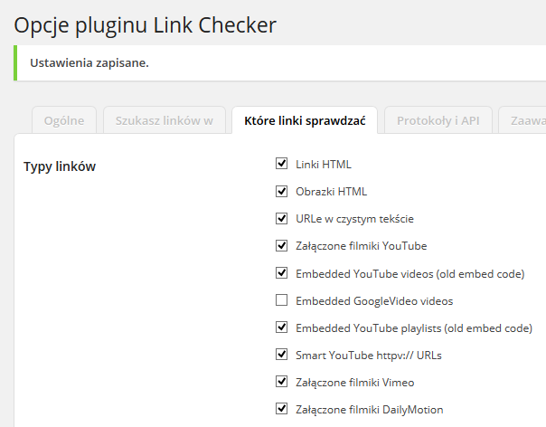 Ustawienia Broken Link Checker